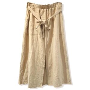 Tan Linen Cotton Blend Elastic Waist Midi Skirt, Tie Belt, Front Slit, Pockets